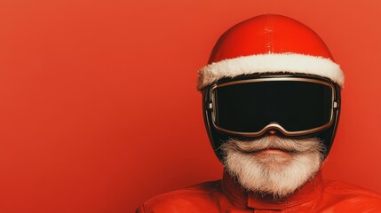 Hyperrealistic image of Santa Claus with a motorcycle helmet, riding a motorcycle. The concept of Christmas and safe insurance.