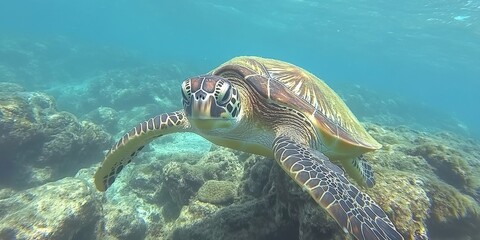 Fototapeta premium Close encounter with a green sea turtle while exploring underwater experience the beauty and grace of the green sea turtle in its natural habitat during this amazing underwater adventure.