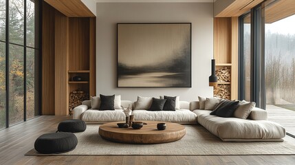 Serene Living Room with Abstract Art, Curved Sofa, and Harmonious Neutral Palette for a Stylish and Inviting Atmosphere