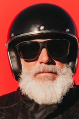 Hyperrealistic depiction of Santa Claus wearing a motorcycle helmet and riding a motorcycle.