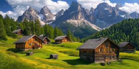 Majestic Dolomite landscape featuring an alpine plateau, wooden houses, and lush green meadows, capturing the essence of the Dolomite region in stunning detail. High quality photo showcasing Dolomite