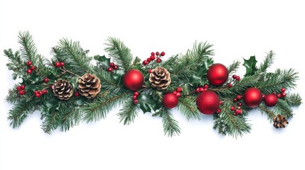 christmas branches border with christmas decorations on white background