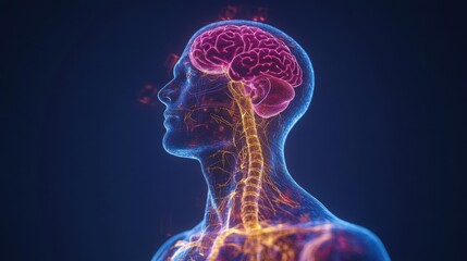 3D Render of Human Head and Upper Torso with Glowing Brain and Nervous System on Dark Blue Background, Illustrating Neurological Activity and Medical Concepts