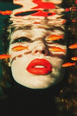 A woman with long colorful hair floating underwater with fish coming out of her mouth.