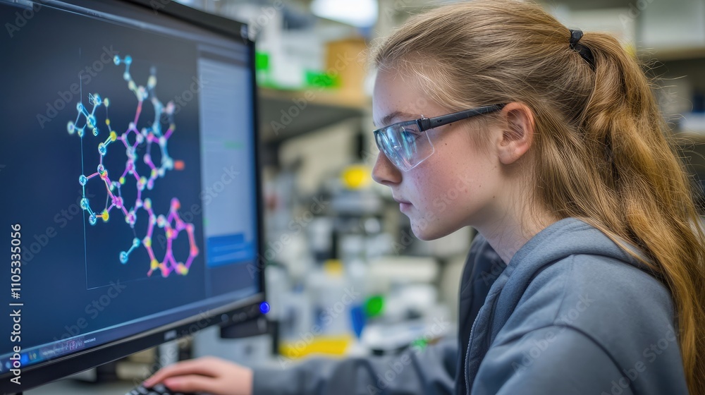 Poster student analyzing molecular structures on a computer screen in a lab