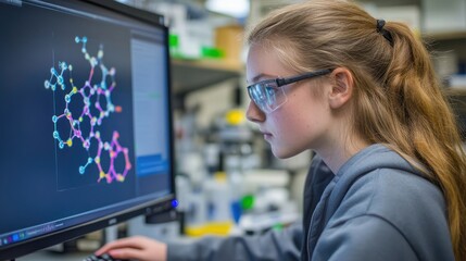 Student analyzing molecular structures on a computer screen in a lab