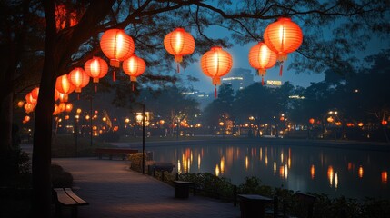 Lantern-lit urban park under moonlit sky