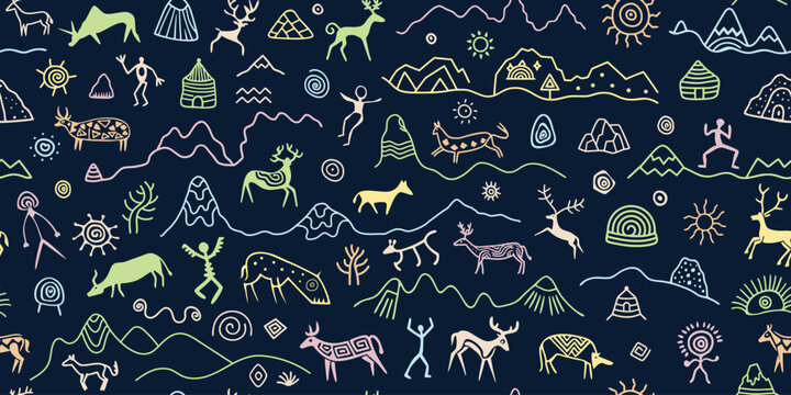 Seamless petroglyph pattern, rock paintings, naive art, vector design