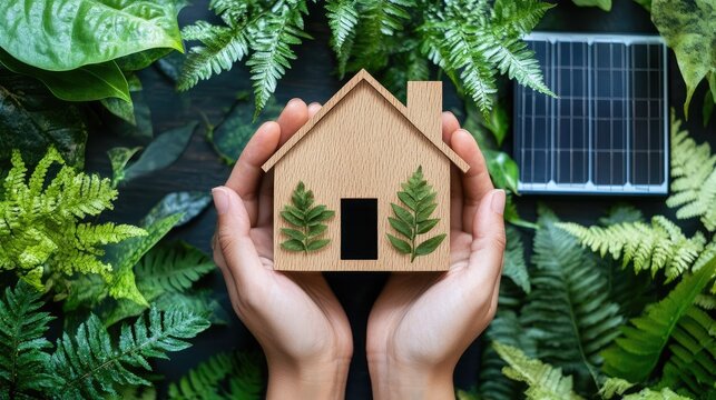 Sustainable living with eco-house and solar panels, symbolizing green choices