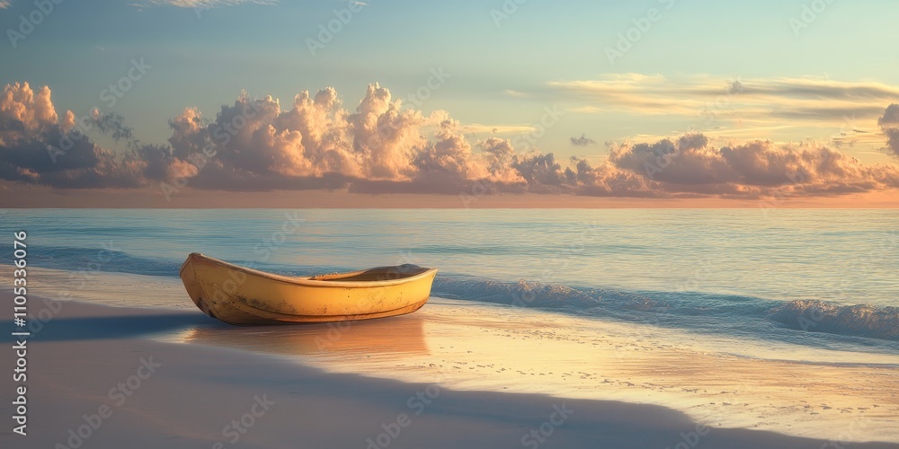 Aufkleber serene beach scene featuring an empty banana boat at dawn, capturing the peaceful ambiance of the ea