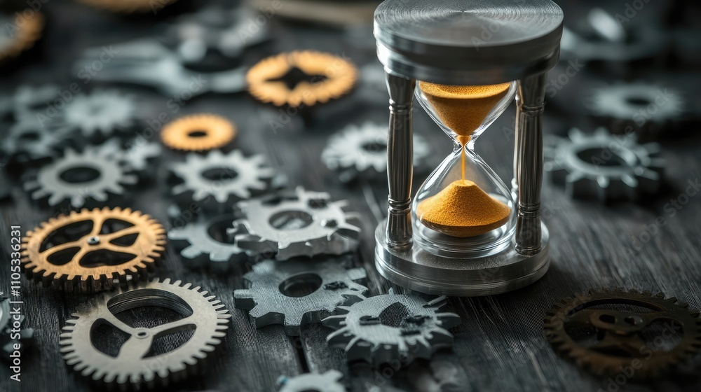 Poster time and efficiency with hourglass and gears symbolizing productivity