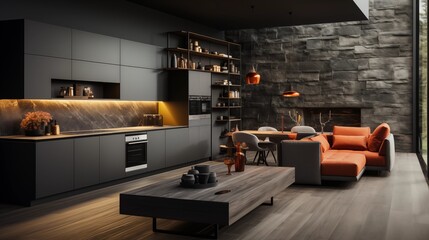 Sleek black kitchen in a minimalist studio apartment. Modern living room completes the clean, urban design with minimal clutter and maximum style.