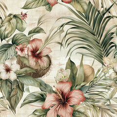 Vintage 90s tropical floral hibiscus palm leaves coconut exotic island botanical pattern beige brown green neutral seamless print nature decor wallpaper travel summer packaging textile jungle