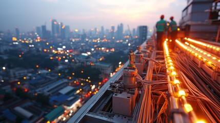 fiber optic installation concept. City skyline at dusk with workers and illuminated cables on a rooftop.