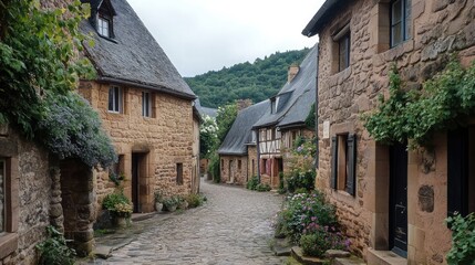 Traditional European village with cobblestone streets and stone houses