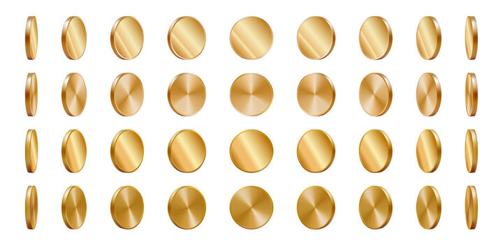 Gold coin flying 3d. Money spin side top view render. Golden insurance empty badge. Gamble slot png isolated background. Casino prize explosion icon with falling game circle chips. Dollar cash jackpot