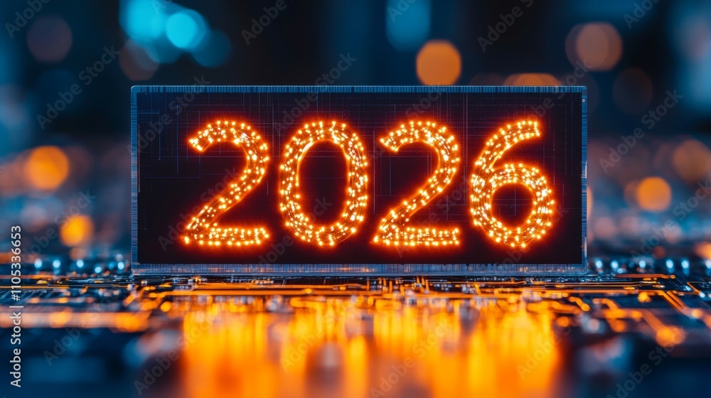 Poster 2026 displayed on futuristic computer chip, conceptual image of technology advancement