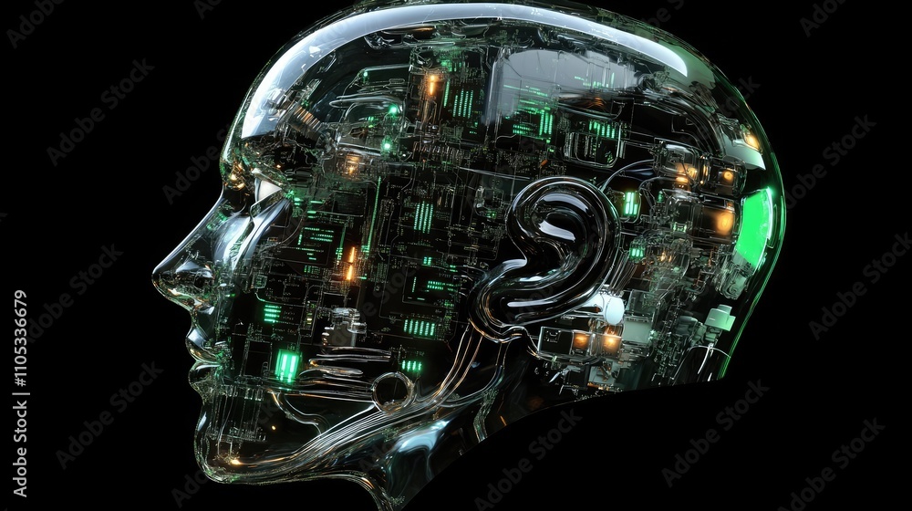 Poster transparent robotic head with luminous circuits, illustrating ai neural networks and machine learnin