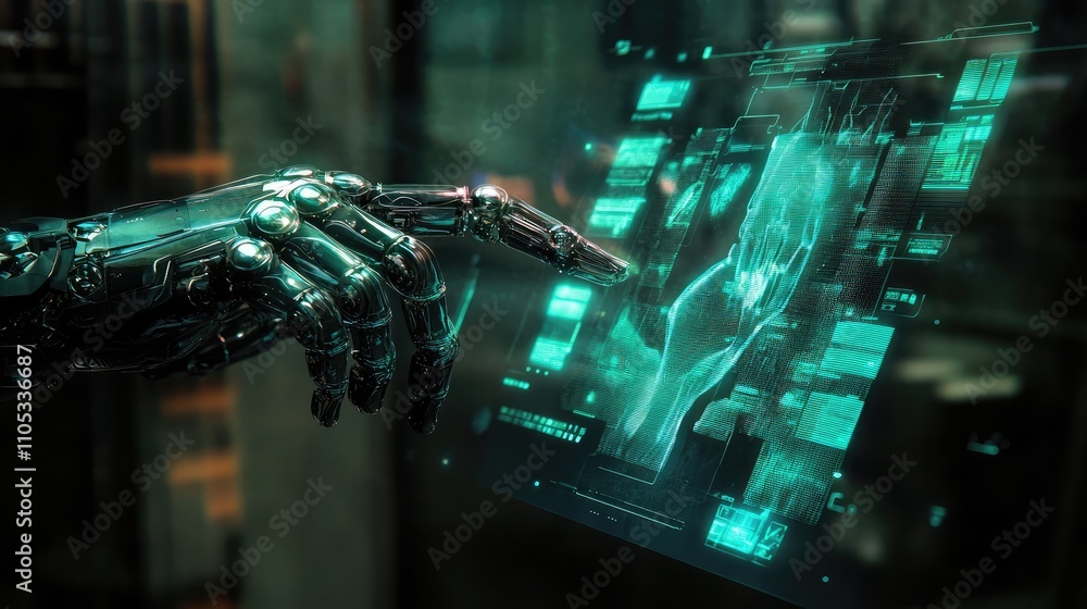 Poster transparent robot interacting with a digital screen displaying holographic data creative visualizati