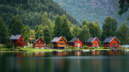 Obraz premium Traditional Nordic village with wooden cabins by a lake