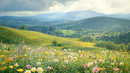 Serene Sunlit Meadow: Refreshing Raindrops on Wildflowers against Rolling Hills and Soft Clouds Background