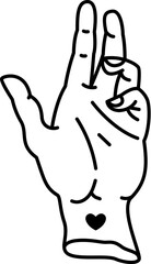 Y2k line art hand making a symbolic gesture with a small heart tattoo on the wrist. Isolated vector black and white linear human palm, symbol for gothic culture or tattoo inspired themes