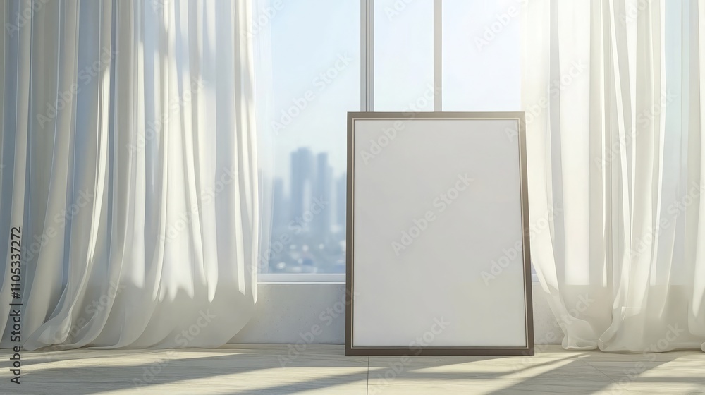 Poster vertical frame mockup near a large window with light filtering through sheer curtains