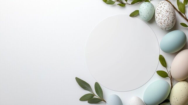 A minimalist Easter-themed arrangement featuring pastel-colored eggs and greenery around a blank space for personalization.