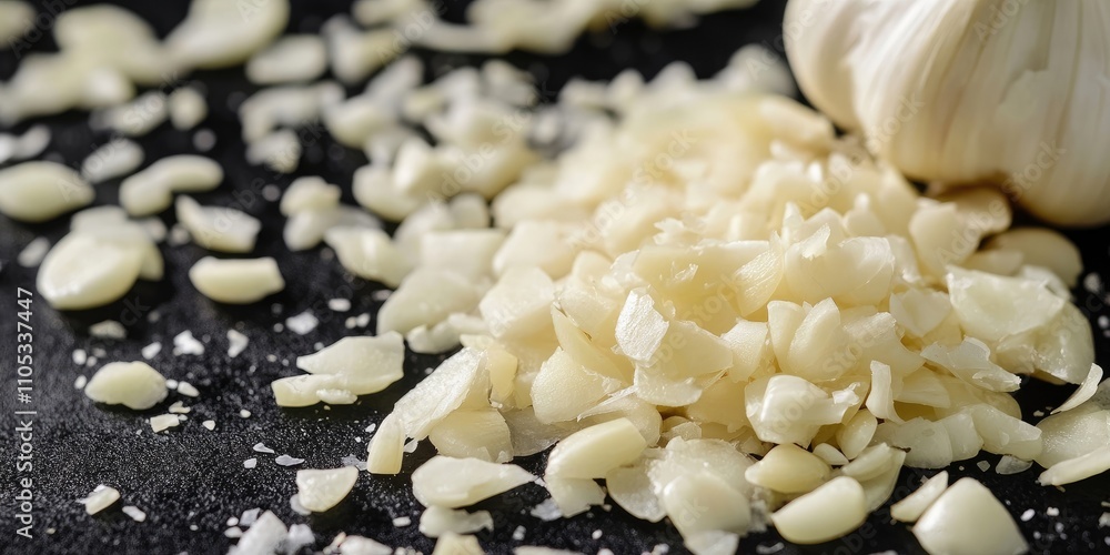 Poster freshly sliced garlic is showcased on a black background in close up detail. this macro shot highlig