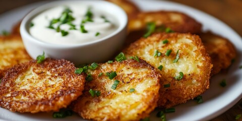 Crispy hash brown potatoes served with a creamy white sauce make for a delicious treat. Enjoy potato pancakes, tasty vegetable fritters, and perfectly golden hash brown potato patties.