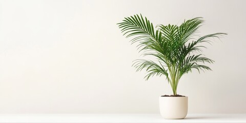 Obraz premium Small date palm planted in a pot, showcased against a clean white background, captures the essence of indoor gardening with a small date palm that adds a touch of green to any space.
