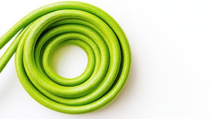 Vibrant green gardening hose coiled neatly isolated on white background