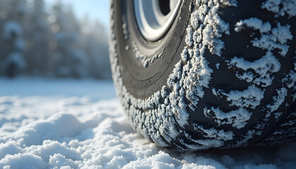 Winter tires covered with snow on the road in a snowy forest landscape