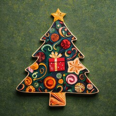 A colorful, decorative Christmas tree made of various festive ornaments and a gift, set against a green background.