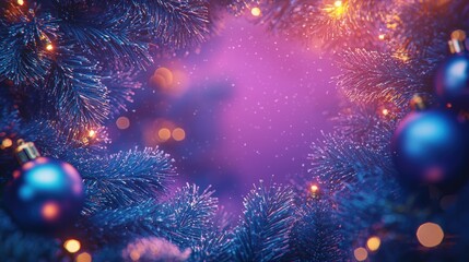 Fototapeta premium A festive close-up of decorated Christmas tree branches with blue ornaments and warm glowing lights creating a magical atmosphere.