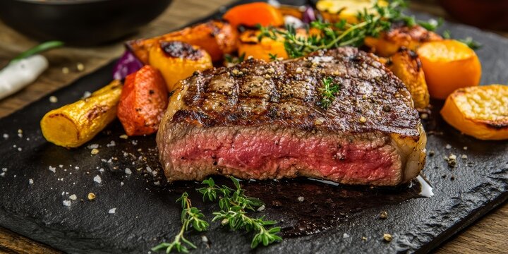 Juicy entrecote steak paired with perfectly roasted vegetables creates a delightful dish, highlighting the rich flavors of the entrecote steak and the wholesome goodness of roasted vegetables.