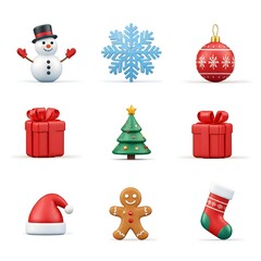 Cute Christmas Icons: Snowman, Tree, Gift, and More, set of christmas icons
