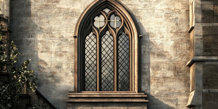 Small window featuring a steel grid in a church wall, alongside a high bell tower equipped with a lightning rod and stairs leading up to the choir, highlighting various architectural styles in