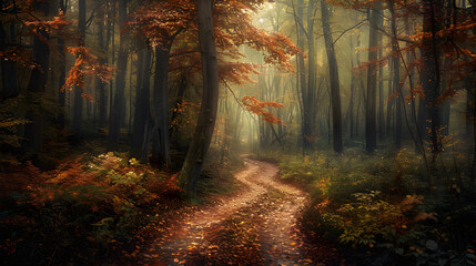 Fototapeta premium Serene Autumn Forest Trail: A Tranquil Pathway through Vibrant Fall Foliage in a Secluded Woodland