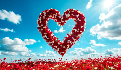 A vibrant heart-shaped arrangement of red flowers surrounded by a field of red and white blossoms under a bright blue sky, symbolizing love and Valentine's romance.