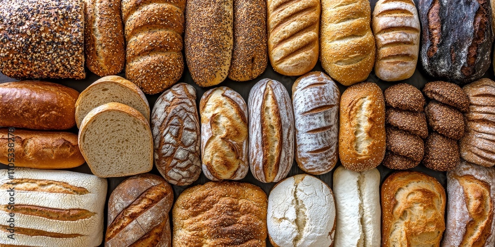 Poster An abundant selection of fresh bread and slices showcased in a closeup view, highlighting the textures and colors of various types of fresh bread for culinary inspiration.