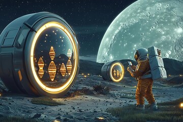 A futuristic scene of an astronaut exploring a lunar landscape with high-tech structures and a large moon in the background.