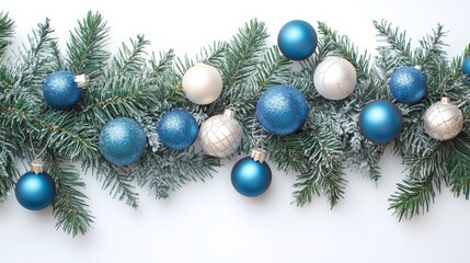 christmas branches border with christmas decorations on white background