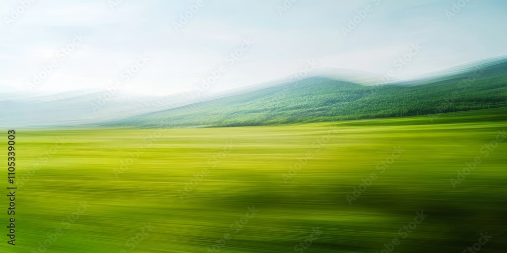 Aufkleber abstract background of a blurred green meadow landscape, creating a serene atmosphere viewed from in