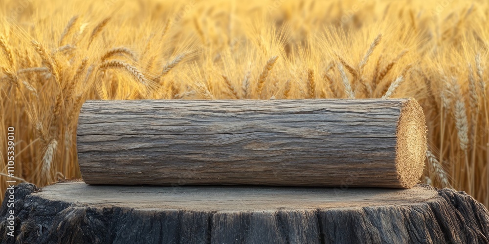 Aufkleber empty wooden log placed on a rustic table set against a wheat field backdrop. this wooden log serves