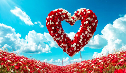 A vibrant heart-shaped arrangement of red flowers surrounded by a field of red and white blossoms under a bright blue sky, symbolizing love and Valentine's romance.