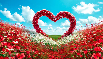 A vibrant heart-shaped arrangement of red flowers surrounded by a field of red and white blossoms under a bright blue sky, symbolizing love and Valentine's romance.