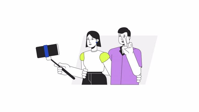 Couple taking selfie with selfiestick cartoon animation. Photographing together 4K video motion graphic. Happy girl guy showing peace sign on camera animated 2D characters isolated on white background