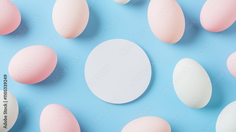 Poster a flat, white circle is surrounded by pastel-colored eggs on a light blue background, creating a sof