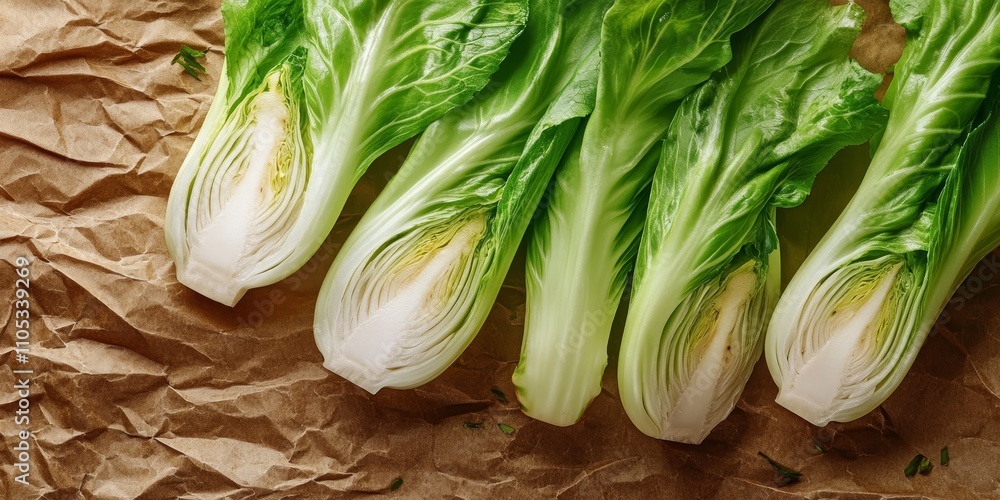 Poster fresh green endive displayed on crumpled brown craft paper from a top view perspective, highlighting